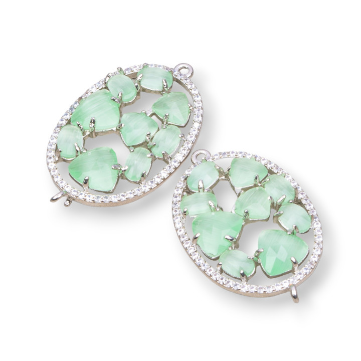 Oval Shaped Brass Component Connector with Cat's Eye Set and Zircons 22x29mm 4pcs Light Green Rhodium Plated