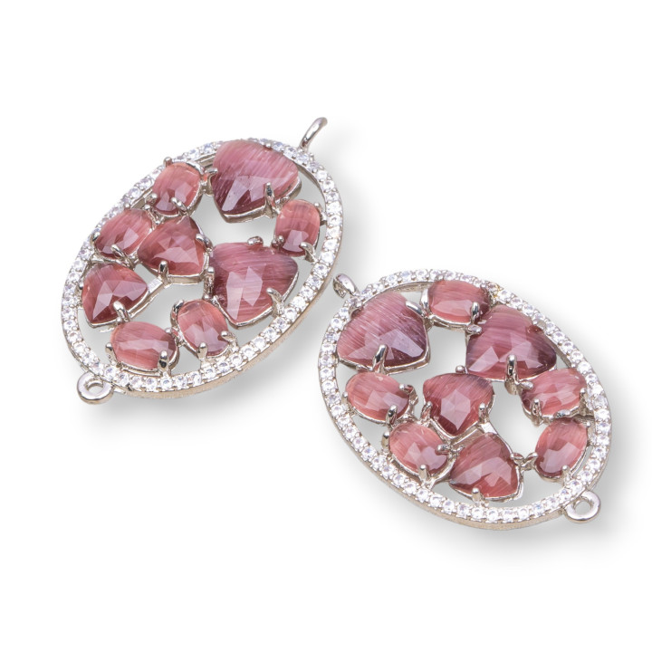 Connecteur de Composants en Laiton de Forme Ovale avec Oeil de Chat et Zircons Intégrés 22x29mm 4pcs Plaqué Rhodium Violet