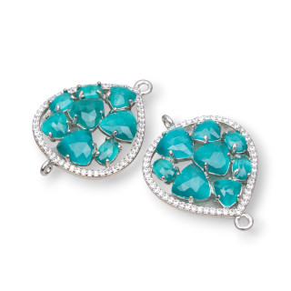 Teardrop Brass Component Connector with Cat's Eye Set and Zircons 25x34mm 4pcs Emerald Green Rhodium Plated