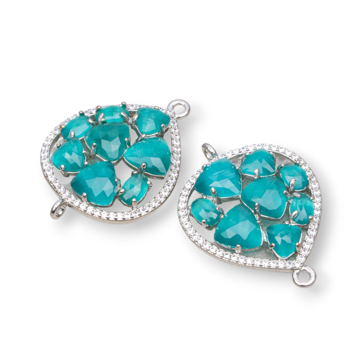 Connecteur Composant Laiton Larme Avec Oeil De Chat Et Zircons Intégrés 25x34mm 4pcs Vert Emeraude Plaqué Rhodium