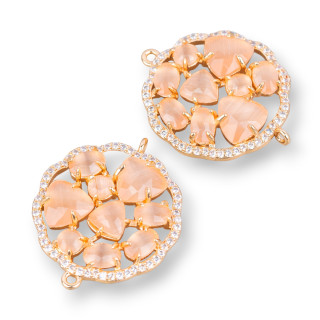 Connecteur de Composants en Laiton Fleur Ronde avec Oeil de Chat et Zircons Intégrés 24mm 4pcs Pêche Dorée