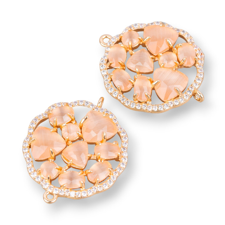 Brass Component Connector Round Flower with Cat's Eye Set and Zircons 24mm 4pcs Golden Peach