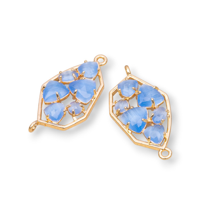 Irregular Shaped Brass Component Connector with Embedded Cat's Eye 18x28mm 6pcs Golden Light Blue