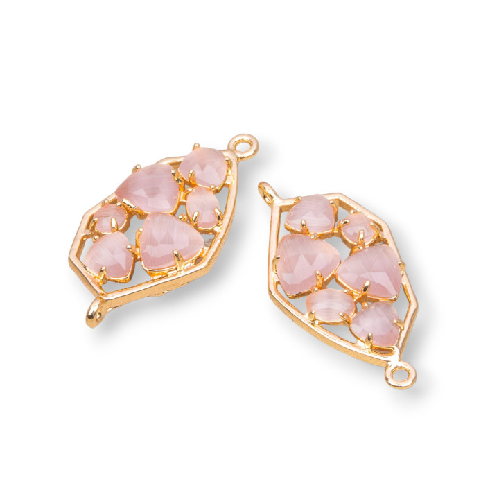 Connecteur de composant en laiton de forme irrégulière avec oeil de chat intégré 18x28mm 6pcs poudre dorée