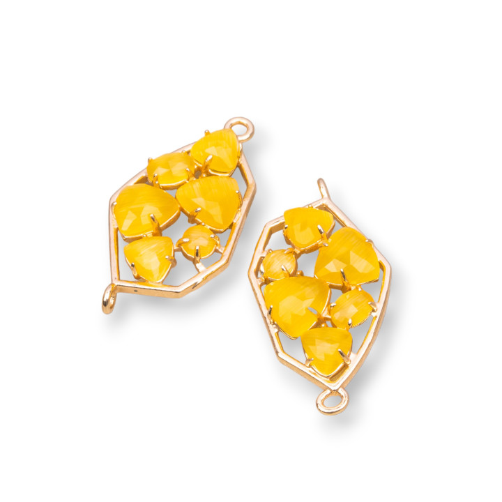 Irregular Shaped Brass Component Connector with Embedded Cat's Eye 18x28mm 6pcs Golden Yellow