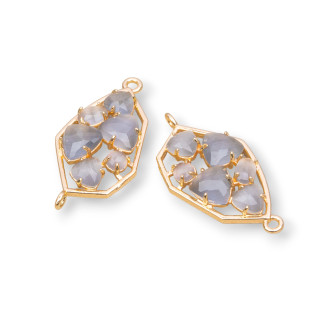 Irregular Shaped Brass Component Connector with Embedded Cat's Eye 18x28mm 6pcs Golden Gray