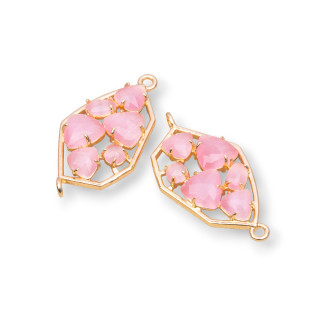 Irregular Shaped Brass Component Connector with Embedded Cat's Eye 18x28mm 6pcs Deep Pink Golden