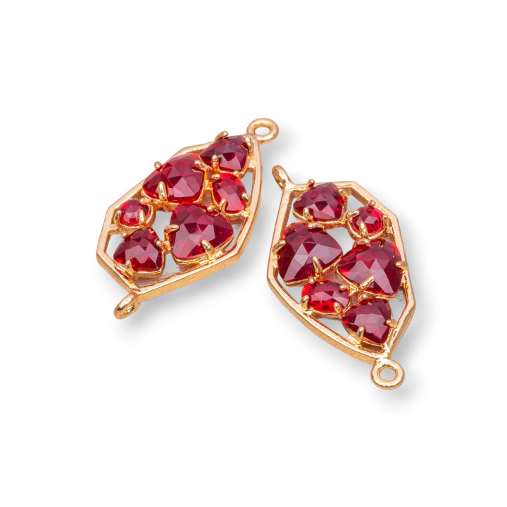 Connettore Componente Di Ottone a Forma Irregolare Con Occhio Di Gatto Incastonato 18x28mm 6pz Dorato Rosso