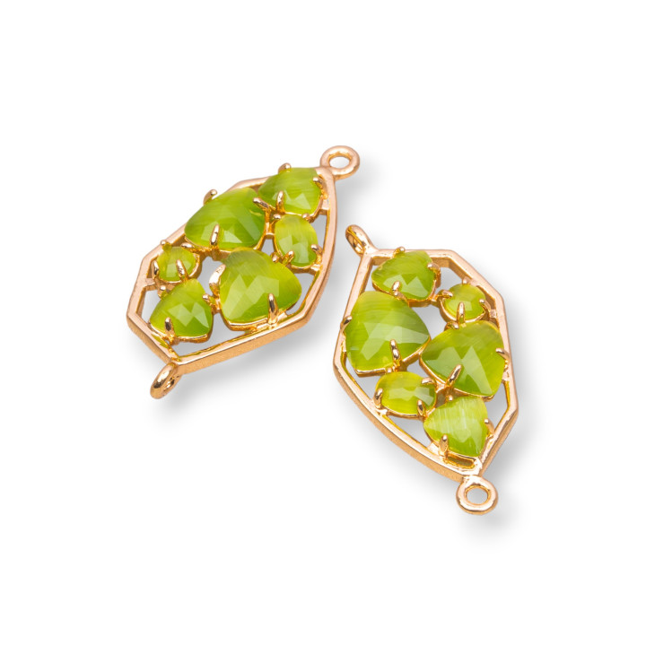 Irregular Shaped Brass Component Connector with Embedded Cat's Eye 18x28mm 6pcs Golden Acid Green
