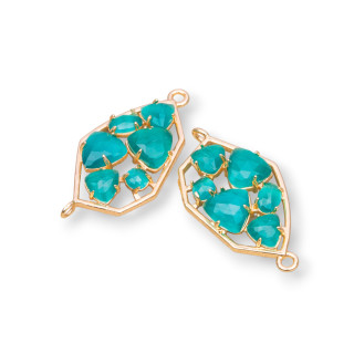 Irregular Shaped Brass Component Connector with Embedded Cat's Eye 18x28mm 6pcs Golden Emerald Green