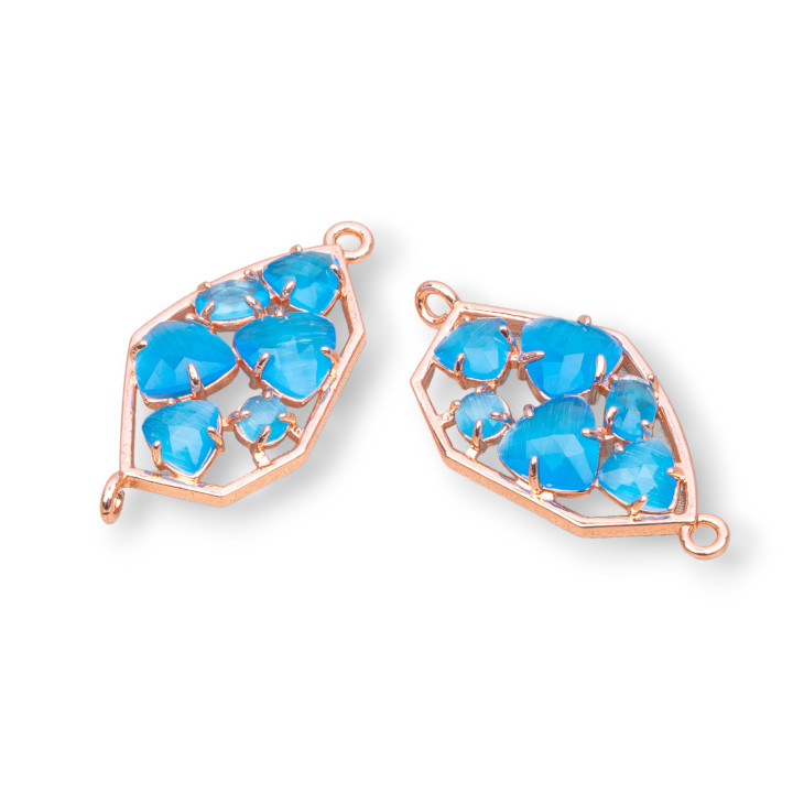 Irregular Shaped Brass Component Connector With Cat's Eye Set 18x28mm 6pcs Rose Gold Blue