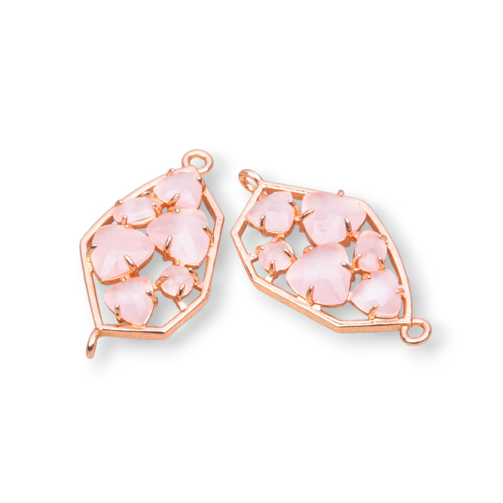 Brass Component Connector Irregular Shape with Cat's Eye Embedded 18x28mm 6pcs Rose Gold Pink