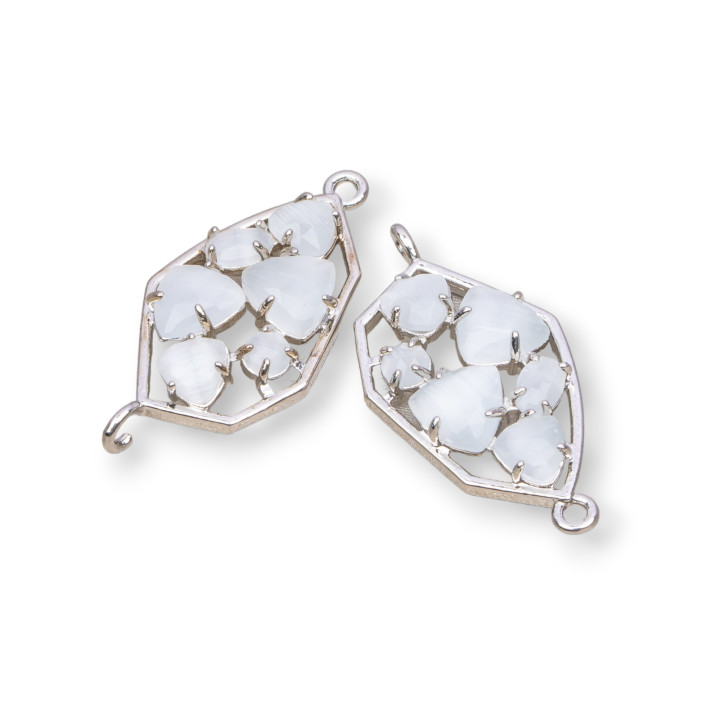 Connettore Componente Di Ottone a Forma Irregolare Con Occhio Di Gatto Incastonato 18x28mm 6pz Rodiato Bianco