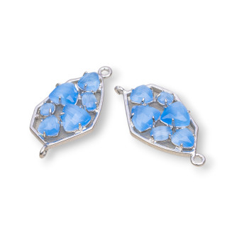 Irregular Shaped Brass Component Connector with Cat's Eye Embedded 18x28mm 6pcs Rhodium Plated Light Blue