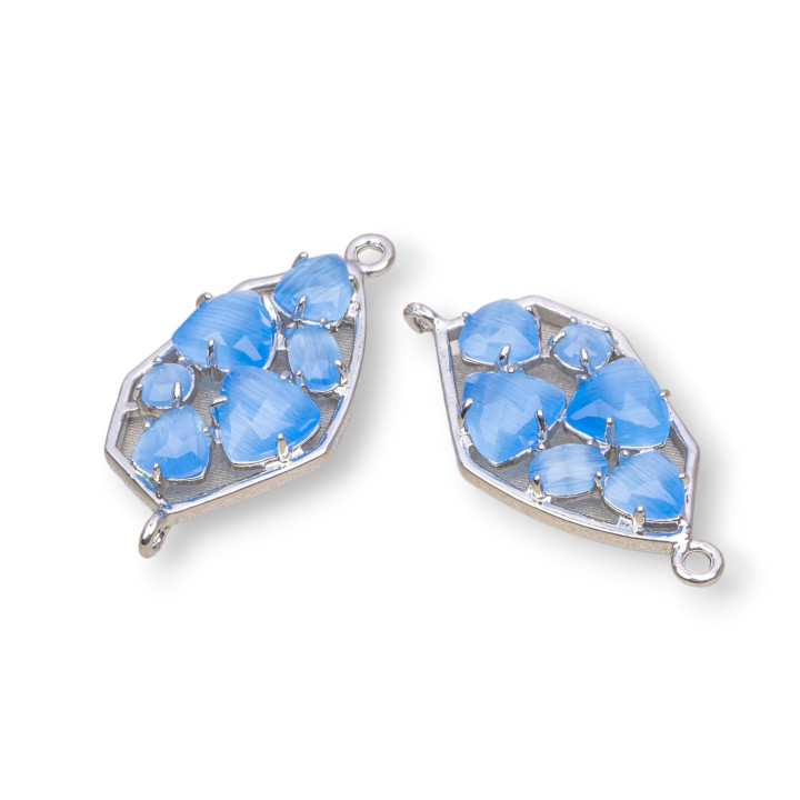 Connecteur de composant en laiton de forme irrégulière avec oeil de chat intégré 18x28mm 6pcs bleu rhodium
