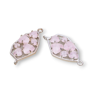 Irregular Shaped Brass Component Connector with Cat's Eye Embedded 18x28mm 6pcs Pink Rhodium Plated