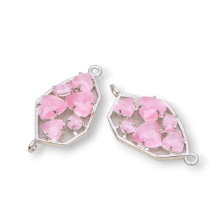 Irregular Shaped Brass Component Connector with Embedded Cat's Eye 18x28mm 6pcs Deep Pink Rhodium Plated