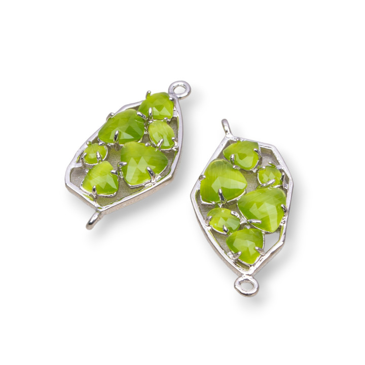 Connecteur de composant en laiton de forme irrégulière avec oeil de chat intégré 18x28mm 6pcs rhodium vert acide