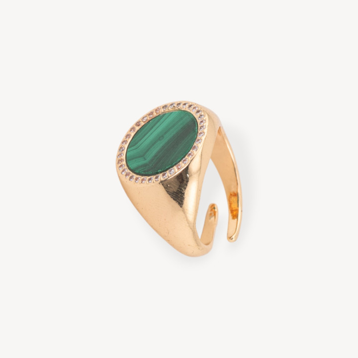 Bague Bronze Avec Plaque Pierre Naturelle Avec Zircons 16mm Taille Ajustable Malachite