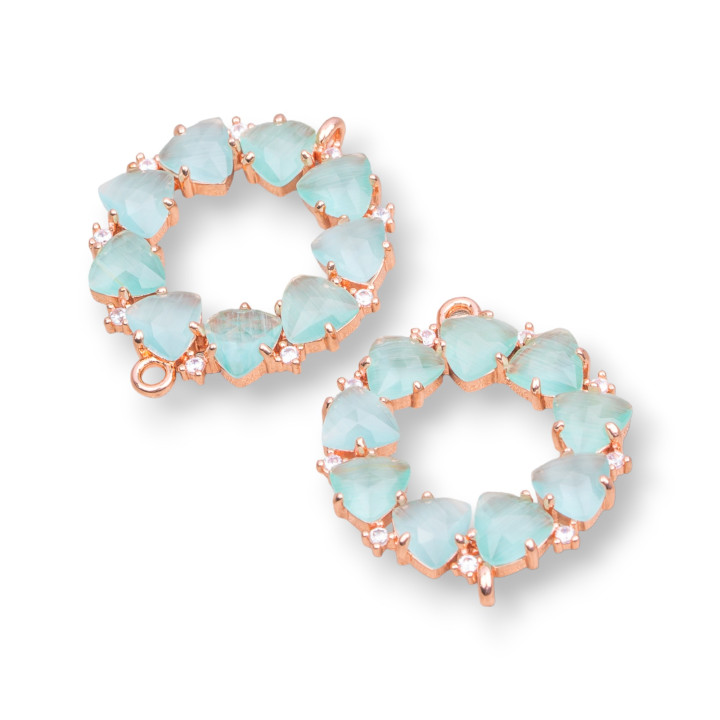 Connettore Componente Di Ottone a Cerchietto Con Occhio Di Gatto Incastonato 25x25mm 4pz Oro Rosa Acqua