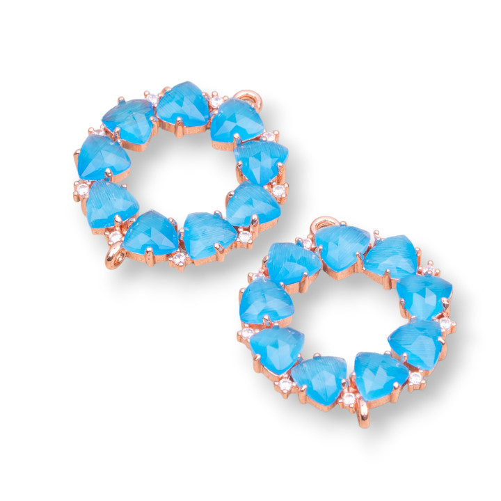 Stirnband-Messing-Komponentenverbinder mit eingebettetem Katzenauge 25 x 25 mm, 4 Stück, Roségold, Hellblau