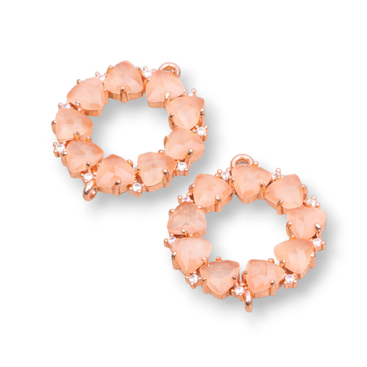 Brass Component Connector Headband with Cat's Eye Set 25x25mm 4pcs Rose Gold Peach