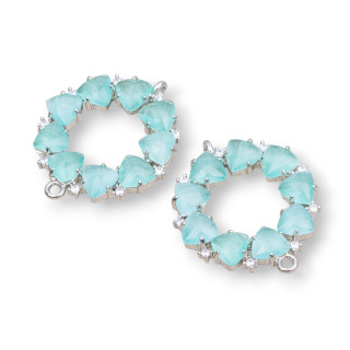 Connettore Componente Di Ottone a Cerchietto Con Occhio Di Gatto Incastonato 25x25mm 4pz Rodiato Acqua