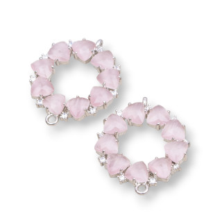 Connettore Componente Di Ottone a Cerchietto Con Occhio Di Gatto Incastonato 25x25mm 4pz Rodiato Cipria