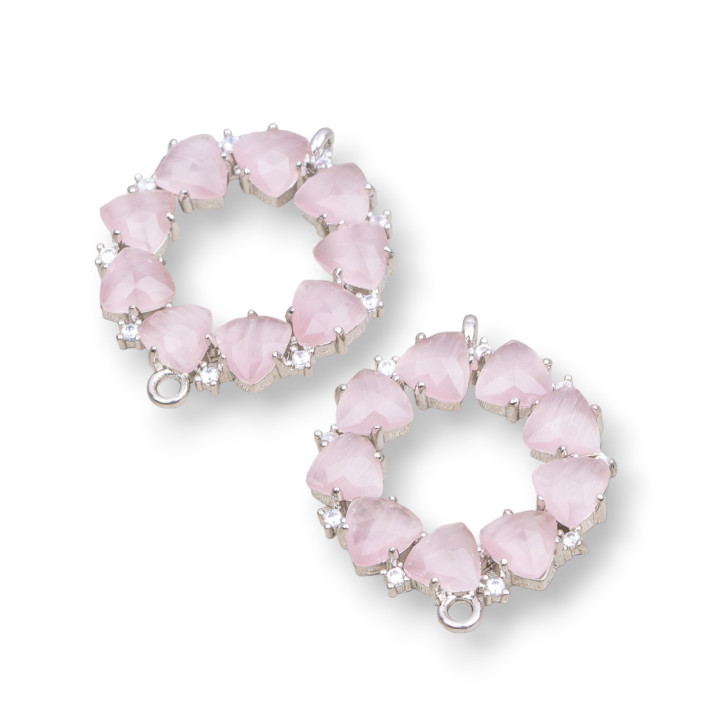 Connettore Componente Di Ottone a Cerchietto Con Occhio Di Gatto Incastonato 25x25mm 4pz Rodiato Cipria