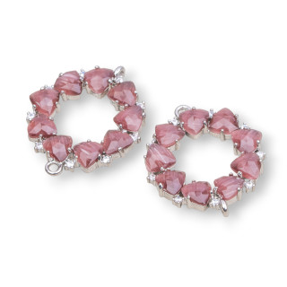 Connettore Componente Di Ottone a Cerchietto Con Occhio Di Gatto Incastonato 25x25mm 4pz Rodiato Viola