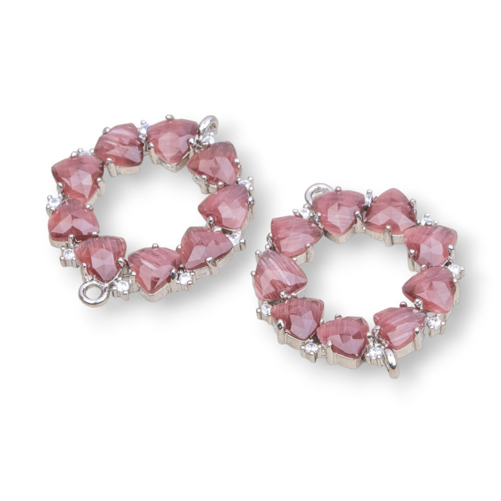 Connettore Componente Di Ottone a Cerchietto Con Occhio Di Gatto Incastonato 25x25mm 4pz Rodiato Viola