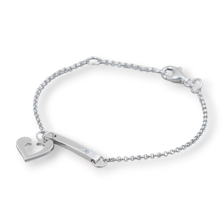 Bracelet en Argent 925 Design Italie Avec Coeur Central Longueur 19cm-16.5cm Rhodié