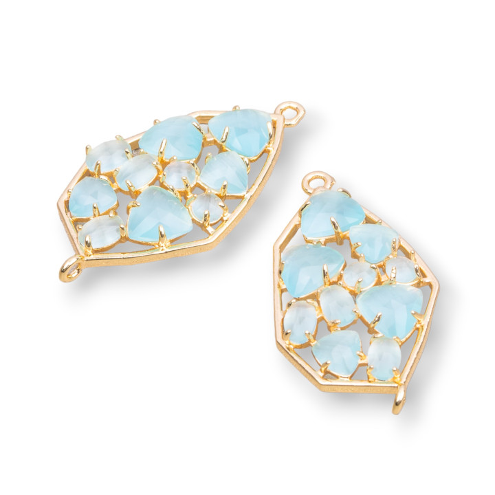 Connecteur de composant en laiton de forme irrégulière avec œil de chat intégré 21x35mm 4pcs Golden Aqua