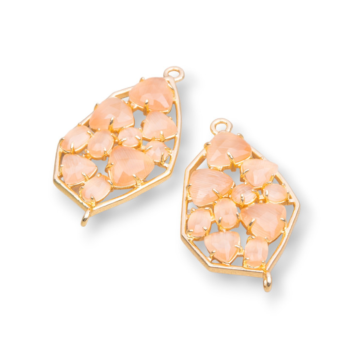 Connecteur de composant en laiton de forme irrégulière avec oeil de chat intégré 21x35mm 4pcs Golden Peach