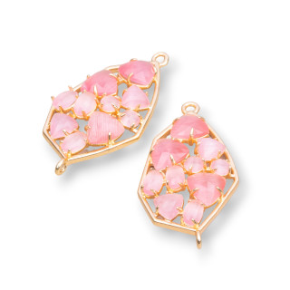 Irregular Shaped Brass Component Connector with Embedded Cat's Eye 21x35mm 4pcs Deep Pink Golden