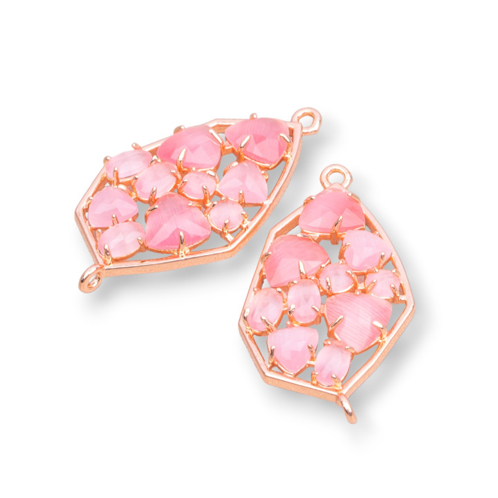 Connettore Componente Di Ottone a Forma Irregolare Con Occhio Di Gatto Incastonato 21x35mm 4pz Oro Rosa Fucsia