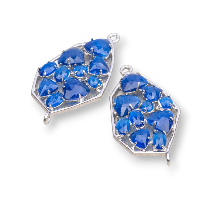 Irregular Shaped Brass Component Connector with Cat's Eye Embedded 21x35mm 4pcs Rhodium Plated Blue