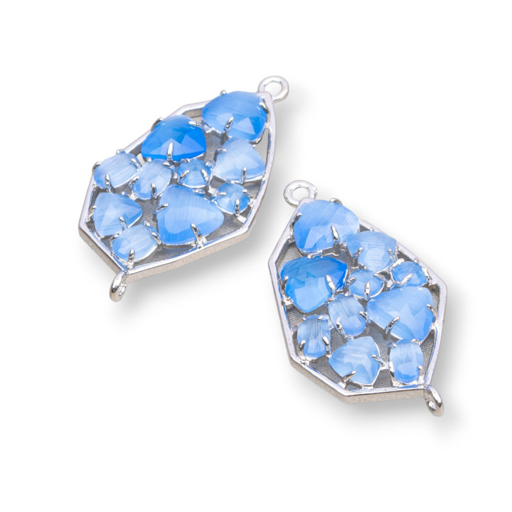 Irregular Shaped Brass Component Connector with Cat's Eye Embedded 21x35mm 4pcs Rhodium Plated Light Blue