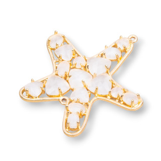 Connettore Componente Di Ottone A Stella Marina Con Occhio Di Gatto Incastonato 43x46mm 4pz Dorato Bianco