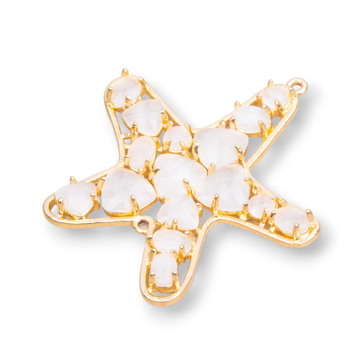 Connettore Componente Di Ottone A Stella Marina Con Occhio Di Gatto Incastonato 43x46mm 4pz Dorato Bianco