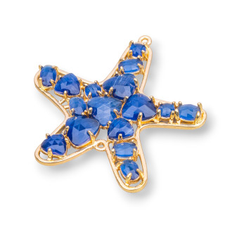 Brass Component Connector Starfish with Cat's Eye Embedded 43x46mm 4pcs Golden Blue