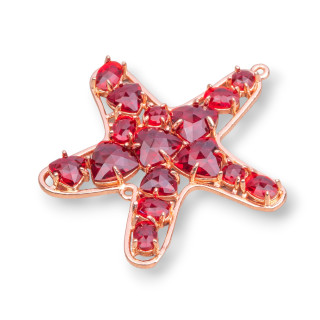 Brass Component Connector Starfish with Cat's Eye Set 43x46mm 4pcs Rose Gold Red