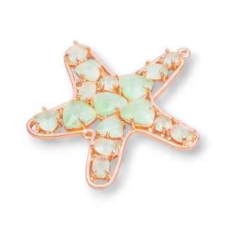 Brass Component Connector Starfish with Cat's Eye Set 43x46mm 4pcs Rose Gold Light Green