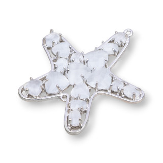 Conector de componente de latón estrella de mar con ojo de gato incrustado 43x46mm 4 piezas blanco rodiado