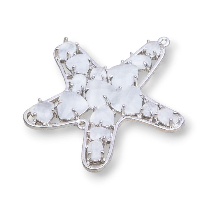 Connecteur de composant en laiton étoile de mer avec oeil de chat intégré 43x46mm 4pcs plaqué rhodium blanc