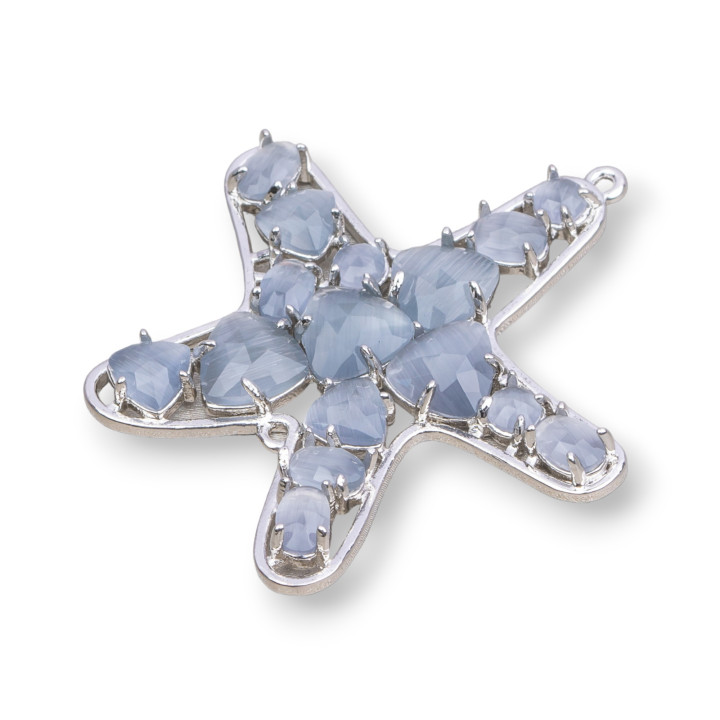 Starfish Brass Component Connector with Cat's Eye Embedded 43x46mm 4pcs Rhodium Plated Gray