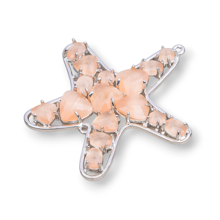 Connettore Componente Di Ottone A Stella Marina Con Occhio Di Gatto Incastonato 43x46mm 4pz Rodiato Pesca