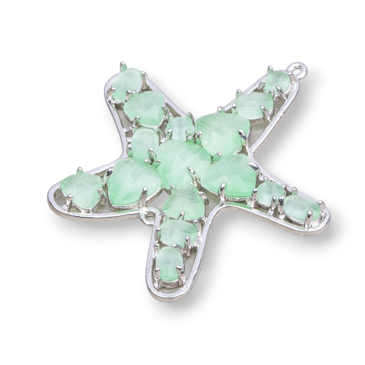 Connecteur Composant Laiton Étoile de Mer avec Oeil de Chat Intégré 43x46mm 4pcs Plaqué Rhodium Vert Clair