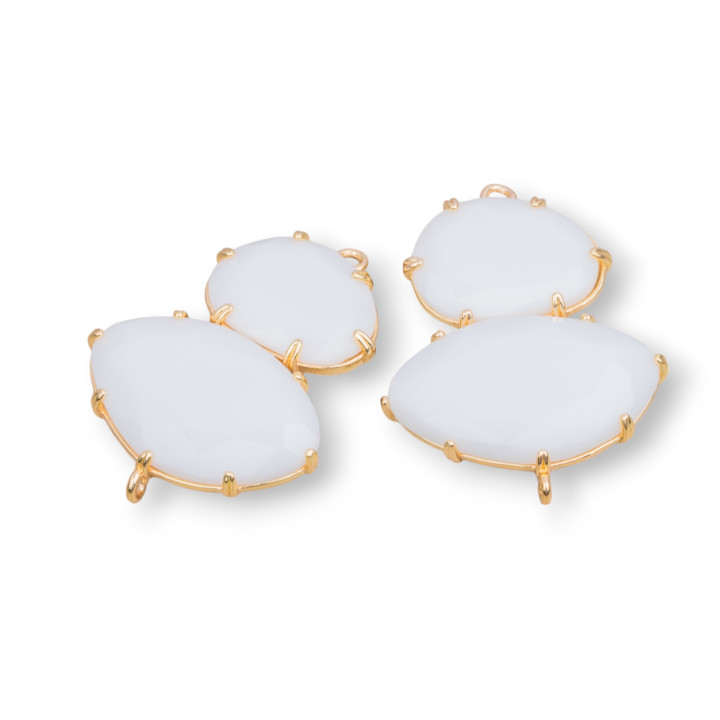 Connettore Componente Di Ottone Con Occhio Di Gatto Incastonati 30x40mm Con 2 Anellini 4pz Dorato Bianco