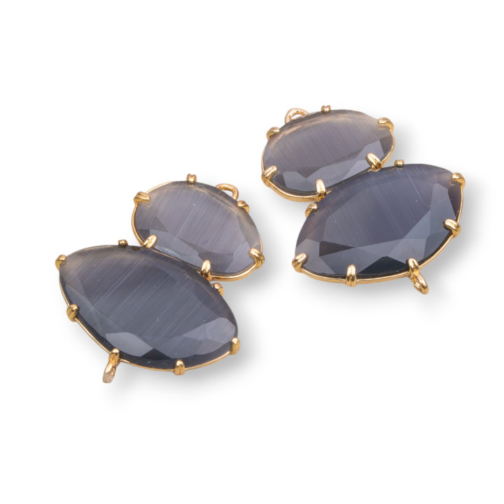 Brass Component Connector With Cat's Eye Embedded 30x40mm With 2 Rings 4pcs Golden Gray